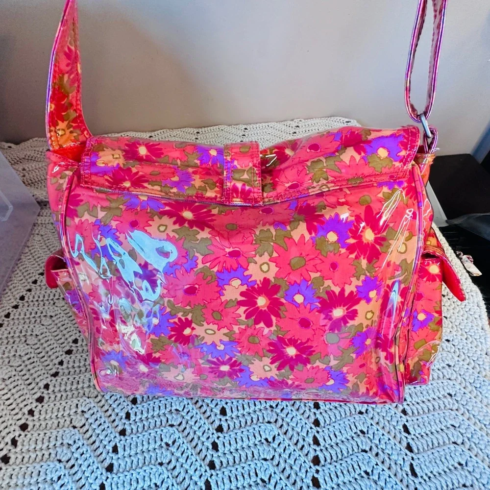 Floral Vinyl Diaper Bag Set Messenger Pouch Changing Pad Pink Orange Retro 4pc